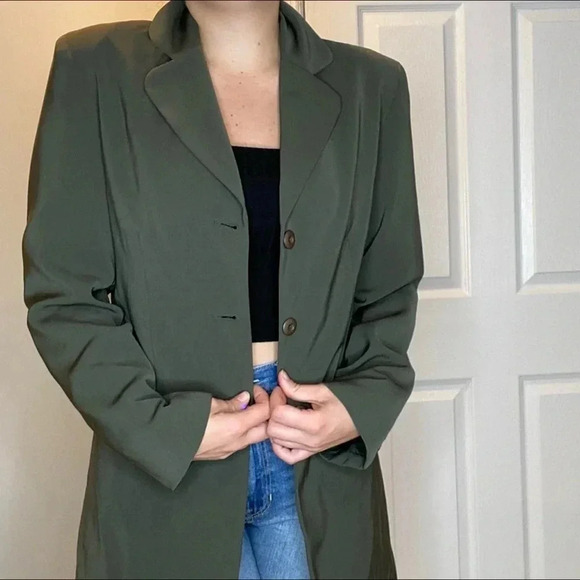 Olive Green Blazer Jacket with Shoulder Pads - Picture 3 of 6